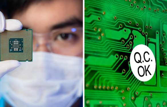 A QC engineer taking a closer look at the IC chip A QC engineer taking a closer look at the IC chip
